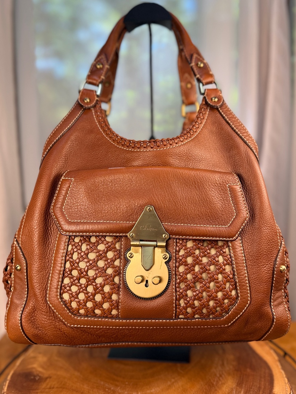 Cole Haan Paige Cognac Brown Woven Leather Hobo Shoulder Bag Gold Hardware EUC